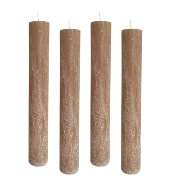 Set van 4 rustieke staafkaarsen, hoogte: 24 cm, diameter: 3,4 cm, 24 uur brandduur, dikke kaarsen, dinerkaarsen, tafelkaarsen, kerkkaarsen, kleur: zandbruin