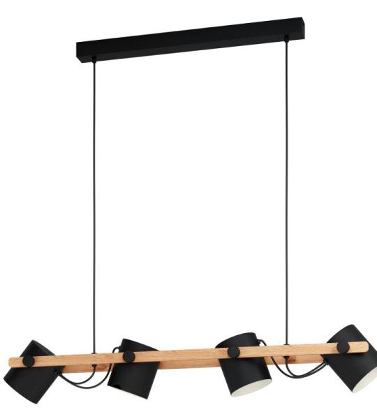 hanglamp Hornwood, 4-vlammige vintage hanglamp in industrieel design, retro hanglamp van staal en hout, kleur: zwart, crème, bruin, fitting: E27.