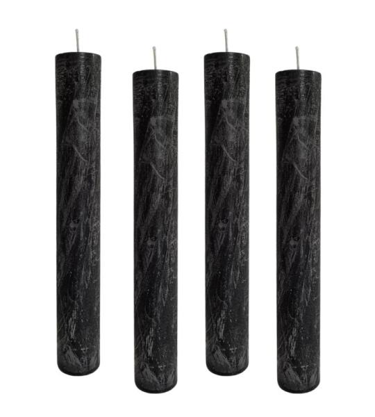 Set van 4 rustieke staafkaarsen, hoogte: 24 cm, diameter: 3,4 cm, 24 uur brandduur, dikke kaarsen, dinerkaarsen, tafelkaarsen, kerkkaarsen, kleur: zwart