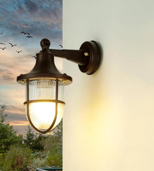 Wandlamp buiten messing glas in roestbruin antiek IP64 binnenplaats balkon B: 14 cm E27 maritiem geribbelde lantaarn buitenlamp tuin SANTORIN