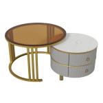 Ronde salontafel, set van 2 met goudkleurig metalen frame en bruine glazen plaat, moderne bijzettafel, woonkamertafel, banktafel met 2 laden, 70 x 70 x 45 cm + 50 x 50 x 40 cm (gri