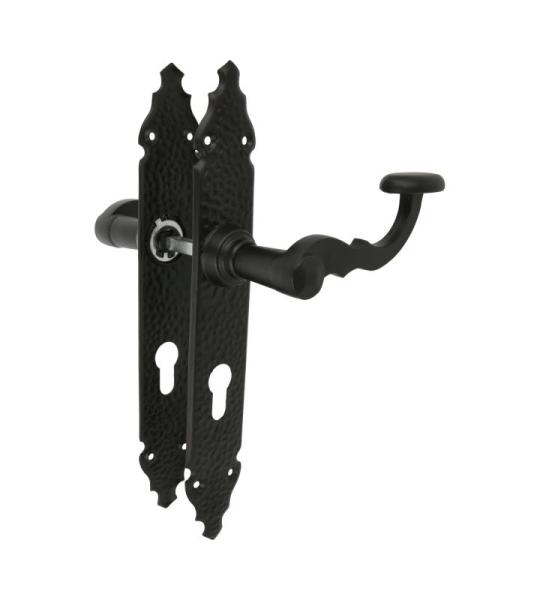 - Set von Türklinken Mod. 100PB | 280 x 44 mm | Klinke aus Zamak mit Stahlplatte | Schwarzes Finish | Inklusive Europrofil-Schlüsselrosette | 8 mm Vierkant | Handgeschmiedeter ru