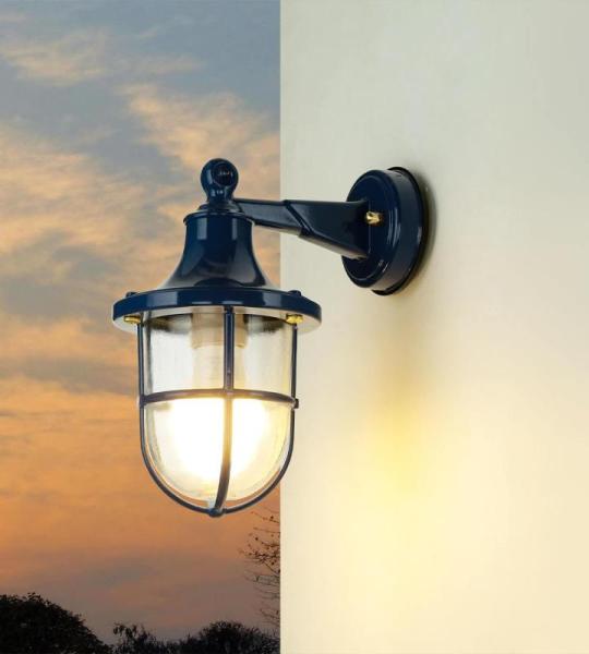 Wandlamp buiten IP64 blauw E27 glas messing massief maritiem H: 27 cm decoratieve buitenwandlamp huis tuin
