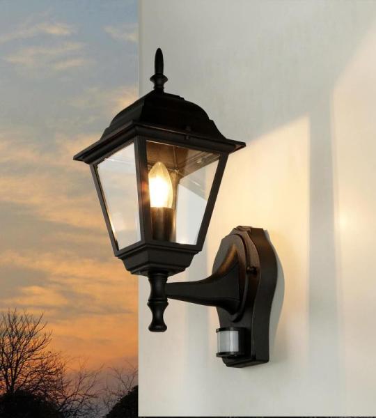 TIROL Outdoor wandlamp met bewegingsmelder, aluminium en glas, zwart, IP44, tuin, H: 37,5 cm, E27 lantaarn, wandlamp, huiswand