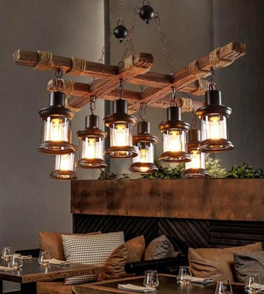 Retro Hanglamp Industriele Hanglamp Steampunk Houten Lampen Plafondlamp Industriële Vintage 8 Lichten, Loft Bar Eetkamer Landhuis Kroonluchter Antieke Metalen Glas Hout Decoratiev