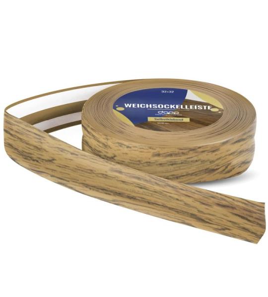 Zachte plint, 125 m (5 x 25 m), eiken, 32 x 23 mm, pvc, zelfklevend, knikhoek plint, hoekprofiel, aansluitprofiel, vloerlijst, rubberen plint