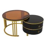 Ronde salontafel, set van 2 met gouden metalen frame en bruine glazen plaat, moderne bijzettafel, woonkamertafel, banktafel met 2 laden, 70 x 70 x 45 cm + 50 x 50 x 40 cm (zwart)