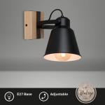 Lampen wandlamp retro met hout, 1-lamp wandlamp vintage, E27 fitting max. 40 watt, verstelbare lampenkap, rustieke wandspot, zwart-hout 2406-015