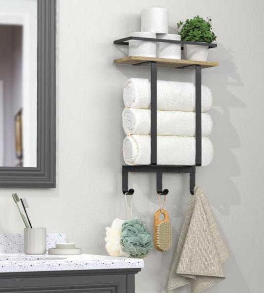 Towel Racks Wall Mounted for Bathroom, Towel Holder Wall Mounted with Wooden Floating Shelf & 3 Metal Hooks, Rolled Bath Towel and Hand Towel Rack for Bathroom, Rustic Wooden