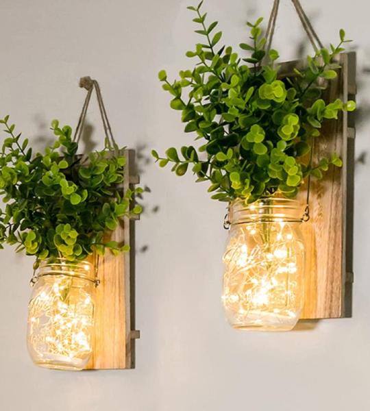 Mason Jar Licht,(2 stuks), gang decoratie anddecoratie, groene nepplant, lichtketting in glas, woonkamer houten decoratie met glas, warm wit, tuinhanglampen voor buiten (groene pla