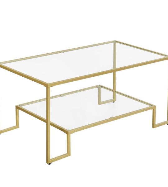 Salontafel, glazen tafel, woonkamertafel, 2 planken van gehard glas, stalen frame, 55 x 100 x 45 cm, decoratie, voor woonkamer, goudkleurig LGT033A01