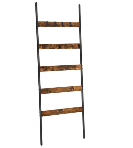 LLS011B01 Schuine rek, handdoekhouder, 5 niveaus, breedte 65 cm, stalen frame, voor dekens, handdoeken, sjaals, industriële stijl, rustiek bruin en zwart