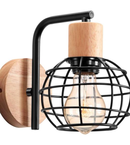 Wandlamp voor binnen, hout, E27 wandlamp, vintage, industrieel, zwart, retro lamp van kooi, metaal, moderne wandlampen voor woonkamer, eetkamer, slaapkamer, hal, keuken