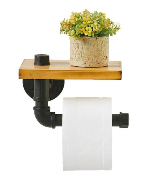 Industriële toiletpapierhouder met houten rek en gietijzeren buis - rustieke toiletten ijzeren buis papieren zakdoek wandplanken - toiletpapierstandaard in vintage decoratie voor 
