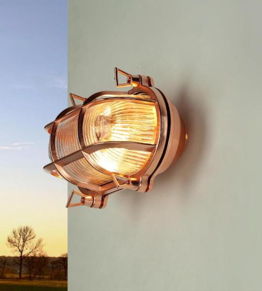 Buitenwandlamp messing glas in koper IP64 tuin binnenplaats H: 13 cm E27 geribbeld maritiem nostalgische buitenlamp terras SKIATHOS