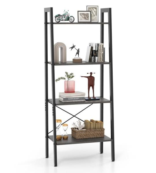 Boekenrek, rek met 4 niveaus, ladderrek van hout, met kantelbeveiligingen en verstelbare voetkussens, metalen frame, voor woonkamer, werkkamer en kantoor (donkerbruin)
