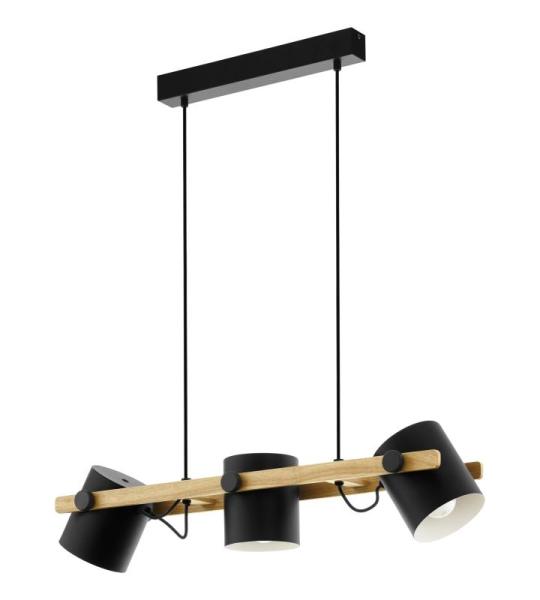 Hornwood hanglamp, 3-lichts vintage pendellamp in industrieel ontwerp, retro plafondlamp hangend van staal en hout, kleur zwart, crème, bruin, FSC-gecertificeerd, E27