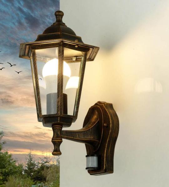 Wandlamp met bewegingsmelder, aluminium glas in koper antiek IP44 tuin D: 23 cm E27 sensor rustieke wandlamp outdoor PARIS