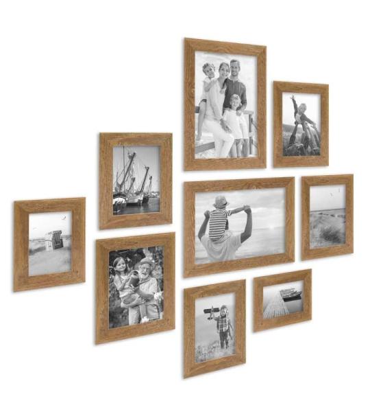 Fotolijstset hout eiken-look, 9-delige frameset echt houten frame, rustiek, strandhuis, Made in Germany, echt glas, om op te hangen, extra accessoires - drijfhoutlook met een vleug