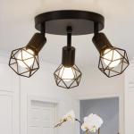 Plafondlamp, zwart, 3 vlammen, , kooi, design, metaal, E14, max. 40 W, plafondlamp, spots, draaibaar, 350 graden, voor keuken, hal, woonkamer, slaapkamer (zonder lamp)