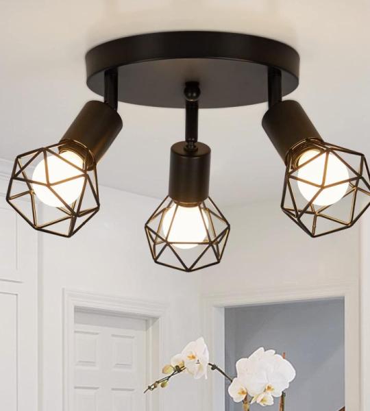 Plafondlamp, zwart, 3 vlammen, , kooi, design, metaal, E14, max. 40 W, plafondlamp, spots, draaibaar, 350 graden, voor keuken, hal, woonkamer, slaapkamer (zonder lamp)