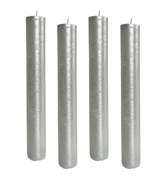 Set van 4 rustieke staafkaarsen, hoogte: 24 cm, diameter: 3,4 cm, 24 uur brandduur, dikke kaarsen, dinerkaarsen, tafelkaarsen, kerkkaarsen, kleur: zilver