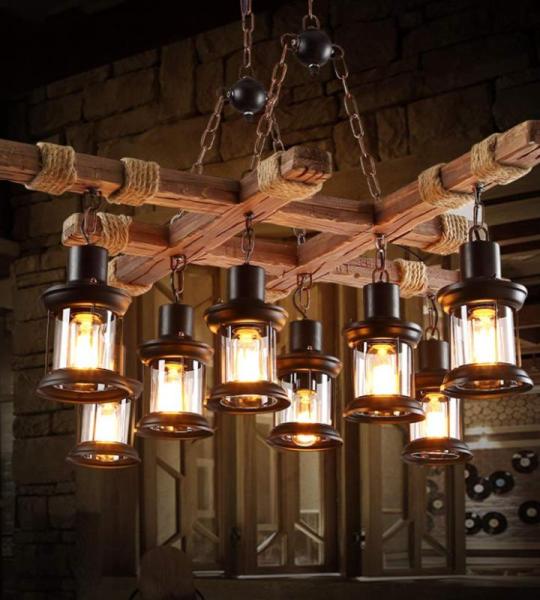 E27 Henneptouw Hanglamp Retro Hanglicht Loft Houten Kroonluchter Industrieel Metaal Drop Lights Internet Cafe Hanglampen Verstelbare hoogte Restaurantverlichting Retro 8 Lamp