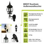 Brest Buitenlamp voor aan de muur, glas, aluminium, zwart, IP23, voordeur, ingang hoogte: 54 cm, E27, rustiek, landhuisstijl, lantaarn, buitenmuurlamp