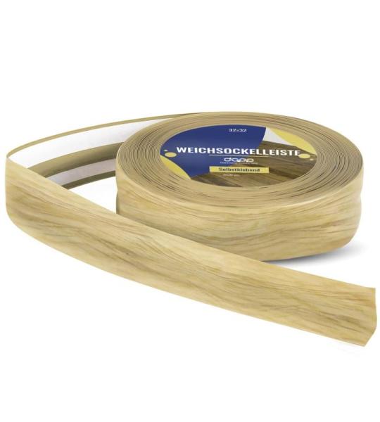 Zachte plint, 175 m (7 x 25 m), licht eiken, 32 x 23 mm, pvc, zelfklevend, knikhoek plint, hoekprofiel, aansluitprofiel, vloerlijst, rubberen plint