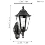 Buitenwandlamp Navedo, 1-lichts buitenlamp incl. bewegingsmelder, sensor-wandlamp van gegoten aluminium en glas, kleur: zwart, zilver-patina, fitting: E27, IP44