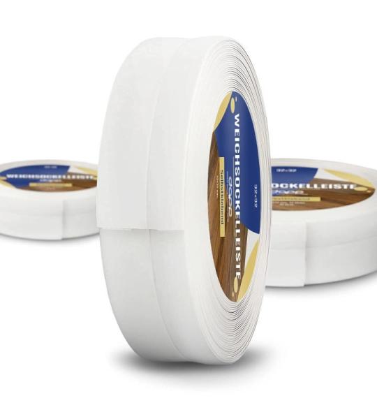DQ-PP Zachte plint, 25 m, wit, 32 x 23 mm, pvc, zelfklevend, knikhoek plint, hoekprofiel, aansluitprofiel, vloerlijst, rubberen plint