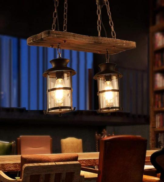 Vintage hangende lamp Industriële metalen Lineaire kroonluchter Armatuur Stijl Retro rustieke hangllicht Edison Vintage verlichting Houten kroonluchter 2 koplampen glazen lampenka