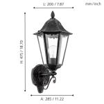 Buitenwandlamp Navedo, 1-lichts buitenlamp, staande wandlamp van gegoten aluminium en glas, zwart, zilver-patina, E27-fitting, IP44