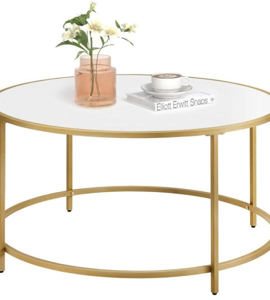 Ronde salontafel, woonkamertafel met stalen frame, salontafel, bijzettafel, wit-goud LCT091A10