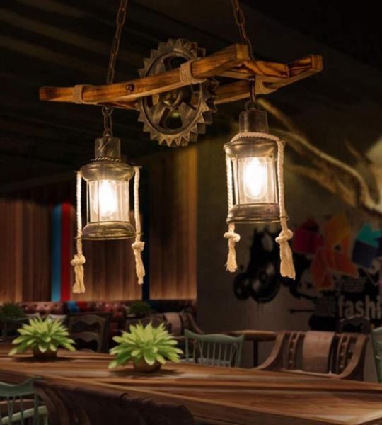 E27 Hout Hanglamp Antiek Vintage plafondlamp Henneptouw Kroonluchter Eetkamer licht Retro Stijl Slaapkamer Woonkamer Hanglicht Industrieel Smeedijzeren verlichting 2 Lichten