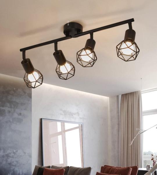 Plafondspots, 4 vlammen, plafondlamp, zwart, design, metalen kooi, E14, max. 40 W, 350 graden, plafondlamp, spots, draaibaar, voor keuken, woonkamer, slaapkamer, hal (zonder lamp)