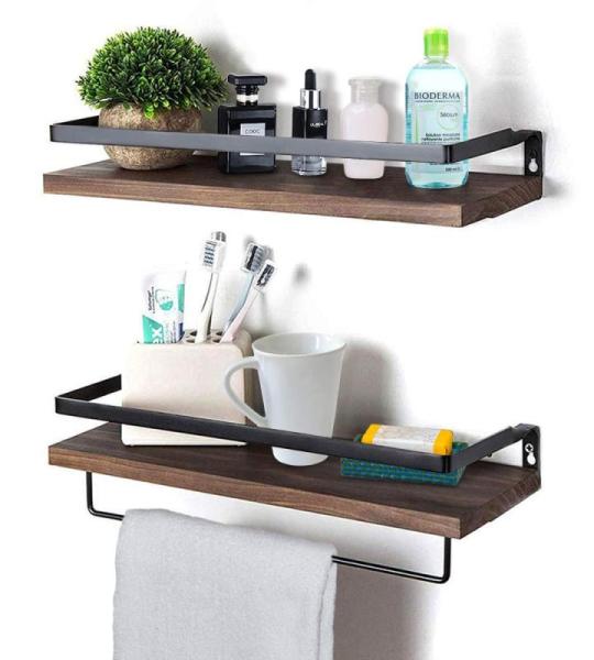 Zwevende houten wandplank, wandgemonteerde zwevende planken met handdoekhouder, rustieke opbergplanken, ideaal voor woonkamer, slaapkamer, hal, badkamer, 2 stuks (donkerbruin)