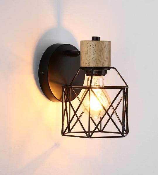 Vintage industriële wandlampen, 360° draaibare houten binnenwandlamp, kooiwandlampen, E27, metaal, zwart, voor hal slaapkamer