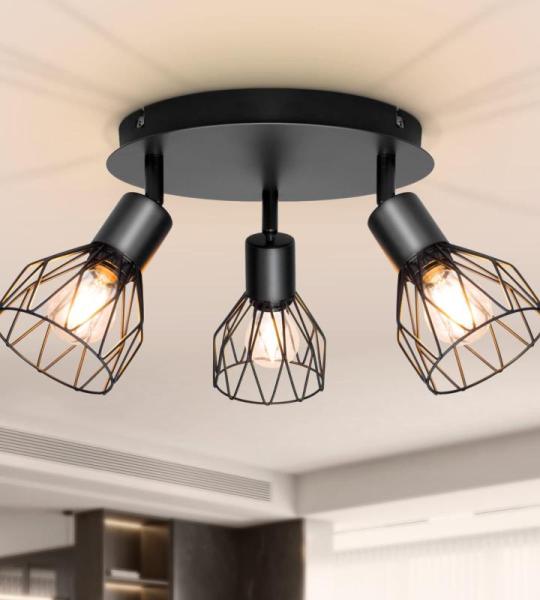 Spot Armaturen voor Plafonds Verstelbare Metalen Draadkooi Keuken Spotlight Plafondlampen met E14 Fitting Zwart 3-weg Plafondlamp Industrieel voor Binnen Thuis Slaapkamer Hal Woonk