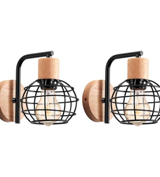 Wandlamp voor binnen, 2 stuks vintage wandlampen, industriële wandverlichting, E27 retro lamp van kooi metaal en hout, vintage wandlamp voor woonkamer, eetkamer, slaapkamer, hal, 