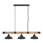 hanglamp Oldbury, 3-lichts vintage pendellamp in industrieel ontwerp, plafondlamp hangend van staal en hout, kleur zwart, bruin rustiek, E27, 118 cm, FSC-gecertificeerd