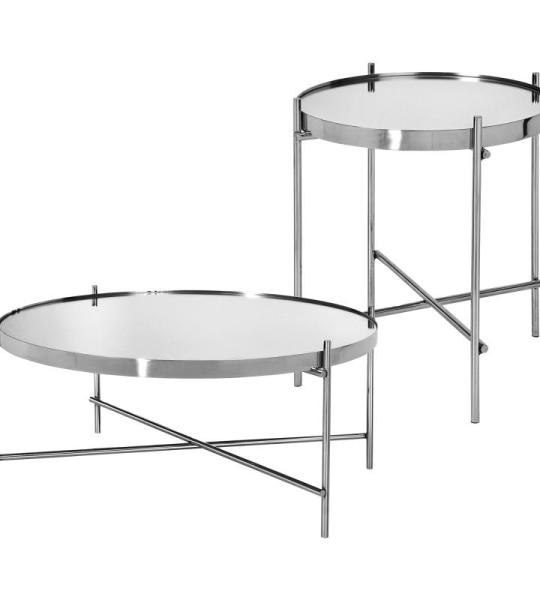 Salontafel, set van 2, diameter 43 x 45 cm + Ø 75 x 35 cm, rond, zilver, metaal/glas, uniek, modern, woonkamertafels met glasplaat en metalen frame, bijzettafel, glazen tafel, kof