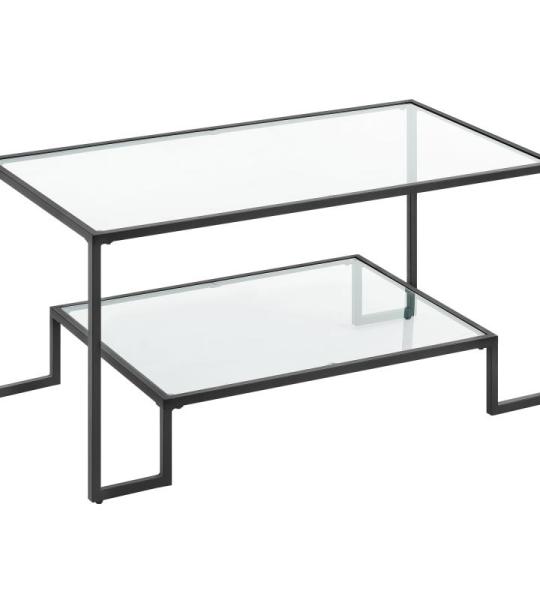 Salontafel, glazen tafel, woonkamertafel, 2 planken van gehard glas, stalen frame, 55 x 100 x 45 cm, decoratie, voor woonkamer, zwart LGT033B61