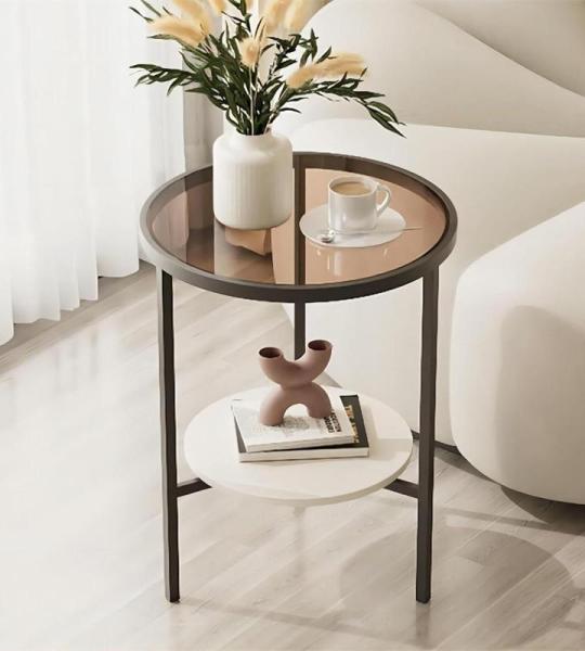 Moderner Couchtisch mit 2 Etagen, aus Glas, mit Stauraum, runder Beistelltisch aus Metall für kleinen Raum, Teetisch für Wohnzimmer, Schlafzimmer, Schlafsaal