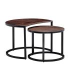salontafel set van 2 Mango massief houten/metalen salontafel rond | Industriële bijzettafel met metalen poten zwart | 2-delige placemat bijzettafel van hout