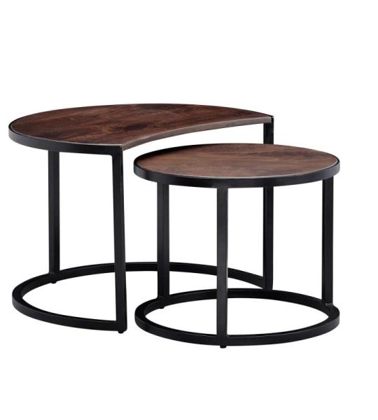 salontafel set van 2 Mango massief houten/metalen salontafel rond | Industriële bijzettafel met metalen poten zwart | 2-delige placemat bijzettafel van hout