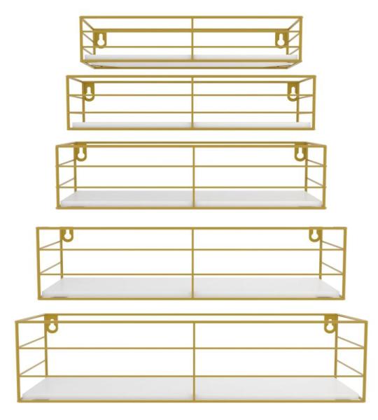 Zwevende wandplanken van hout, wit, met goudkleurig ijzeren frame, rechthoekig, 5 stuks, praktisch en esthetisch, voor woonkamer, slaapkamer, badkamer, kantoor