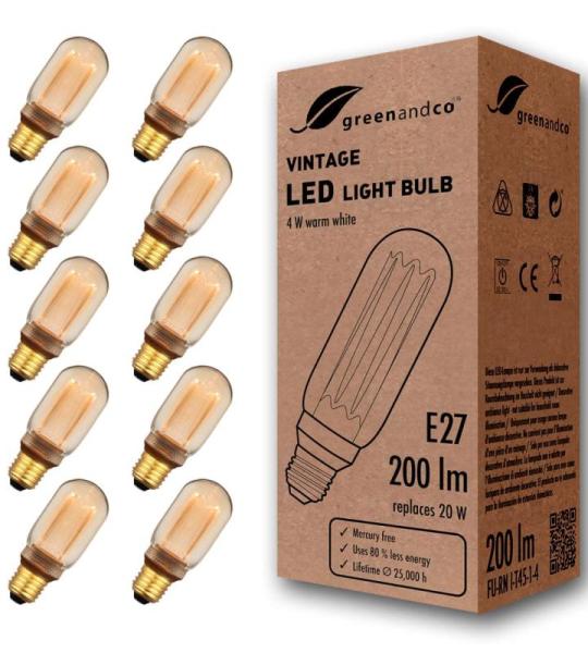 10x  Vintage Design LED lamp in retro stijl voor sfeerverlichting E27 T45 Edison lamp, 4W 200lm 1800K extra warm wit 320° 230V flikkervrij, niet dimbaar