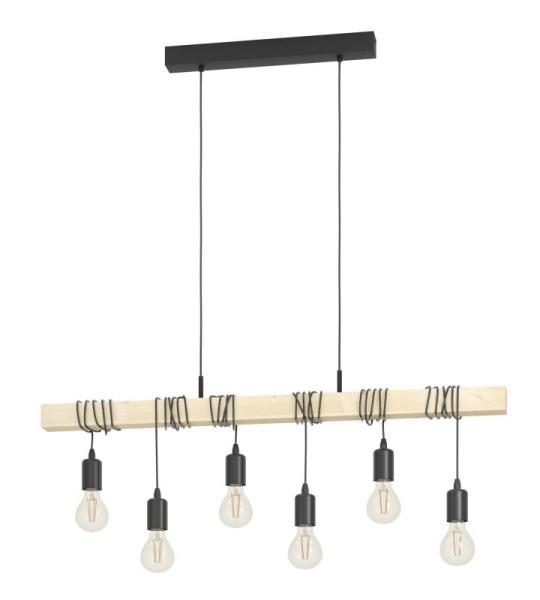 Townshend Hanglamp, 6-lichts vintage hanglamp in industrieel design, retro hanglamp van staal en hout, kleur zwart en bruin, FSC-gecertificeerd, E27