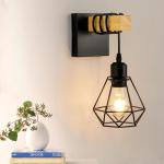 Wandlamp voor binnen, vintage wandlamp van hout en metaal, E27 wandverlichting, zwart/bruin, retro industriële wandlamp, armaturen, voor binnen en woonkamer, slaapkamer, hal, trap